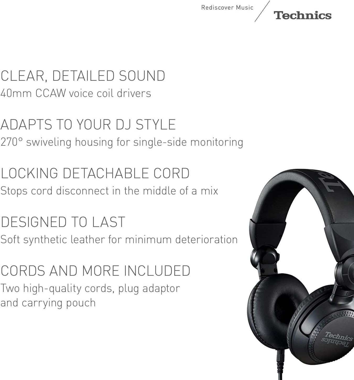 Technics Professional DJ Headphones with 40mm CCAW Voice Coil Drivers, 270° Swivel Housing and Locking Detachable Cord; Lightweight, Foldable High Input – EAH-DJ1200-K (Black)