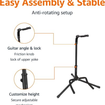 Amazon Basics Height Adjustable Portable Foldable Guitar Stand with Padded Non-Slip Secure Support for Acoustic, Electric, Bass and Banjos, Black