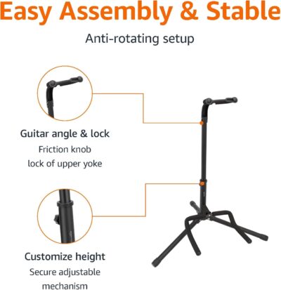 Amazon Basics Height Adjustable Portable Foldable Guitar Stand with Padded Non-Slip Secure Support for Acoustic, Electric, Bass and Banjos, Black