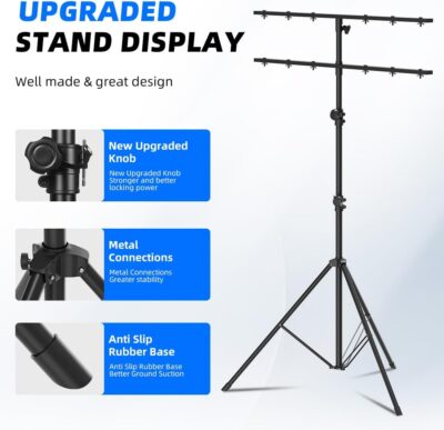 DJ Lights Stand with 2 T Bar, Heavy Duty DJ Stand for 8 Lights, Portable Par Can Stage Light Stand Adjustable Height 81-144 Inch