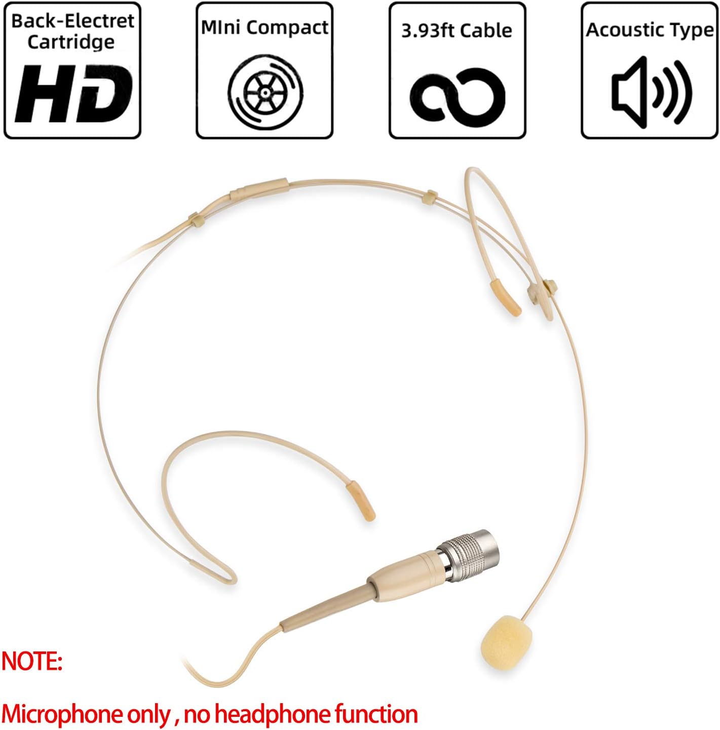 Microphone Headset Headworn Earset Over Ear Hanging Mic Compatible with Audio Technica Wireless System & Bodypack Transmitter, Ideal for Lectures, Live Performance, Theater, Podcasts-Beige