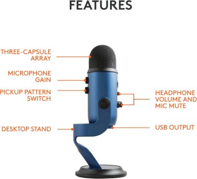 Logitech Creators Blue Yeti USB Microphone for PC, Mac, Gaming, Streaming, Podcasting, Studio and Computer Condenser Mic with Blue VO!CE Effects, 4 Pickup Patterns, Plug and Play – Midnight Blue