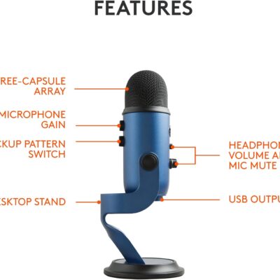 Logitech Creators Blue Yeti USB Microphone for PC, Mac, Gaming, Streaming, Podcasting, Studio and Computer Condenser Mic with Blue VO!CE Effects, 4 Pickup Patterns, Plug and Play – Midnight Blue