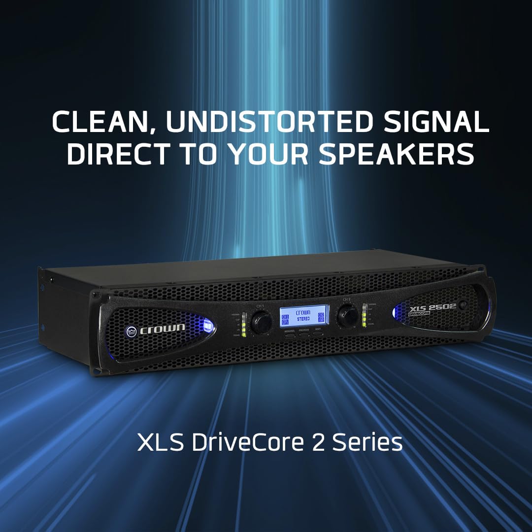 Crown XLS1002 2-Channel Class D DriveCore Professional Power Amplifier with DSP, Band Pass Filters & Peakx Limiters. XLR/RCA Inputs, 350W at 4 Ohm, PureBand Crossover System. Black