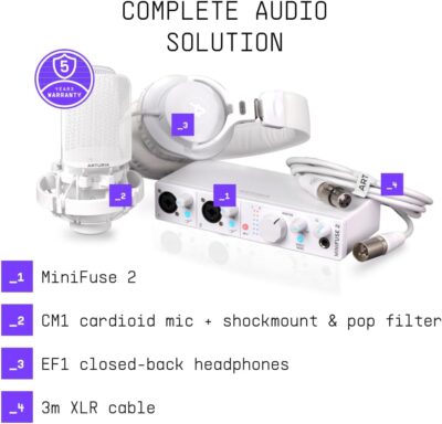 Arturia MiniFuse Recording Pack — USB Audio Interface Bundle with Condenser Microphone, Headphones, and Creative Software for Recording, Streaming, and Podcasting