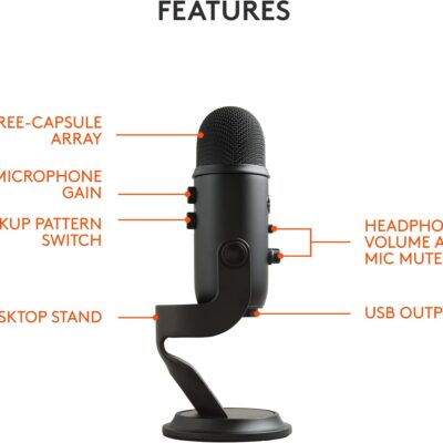 Logitech Creators Blue Yeti USB Microphone for PC, Mac, Gaming, Recording, Streaming, Podcasting, Studio and Computer Condenser Mic with Blue VO!CE effects, 4 Pickup Patterns, Plug and Play – Blackout