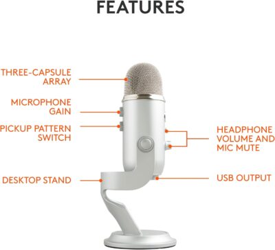 Logitech Creators Blue Yeti USB Microphone for PC, Mac, Gaming, Recording, Streaming, Podcasting, Studio and Computer Condenser Mic with Blue VO!CE Effects, 4 Pickup Patterns, Plug and Play – Silver