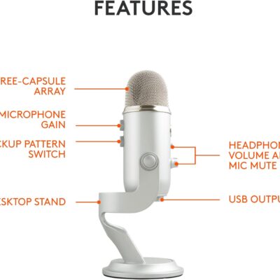 Logitech Creators Blue Yeti USB Microphone for PC, Mac, Gaming, Recording, Streaming, Podcasting, Studio and Computer Condenser Mic with Blue VO!CE Effects, 4 Pickup Patterns, Plug and Play – Silver