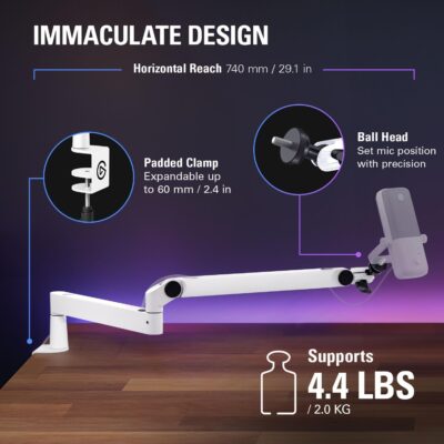 Elgato Wave Mic Arm LP White – Premium Low Profile Microphone Arm with Cable Management, Desk Clamp, Versatile Mounting and Fully Adjustable, perfect for Podcast, Streaming, Gaming, Home Office
