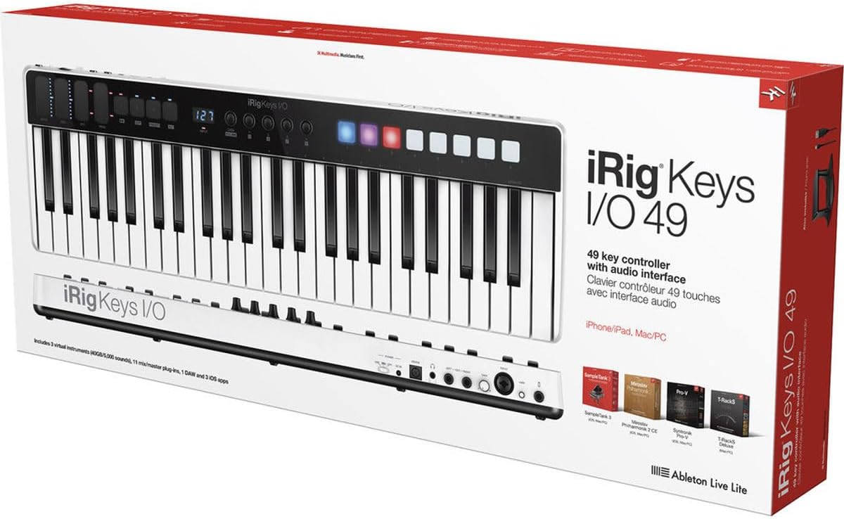 IK Multimedia iRig Keys I/O 49 portable keyboard MIDI controller 24-bit/ 96Khz audio interface full-size synth velocity-sensitive, 48V phantom power, XLR mic preamp, iPhone, iPad, Android, Mac, PC