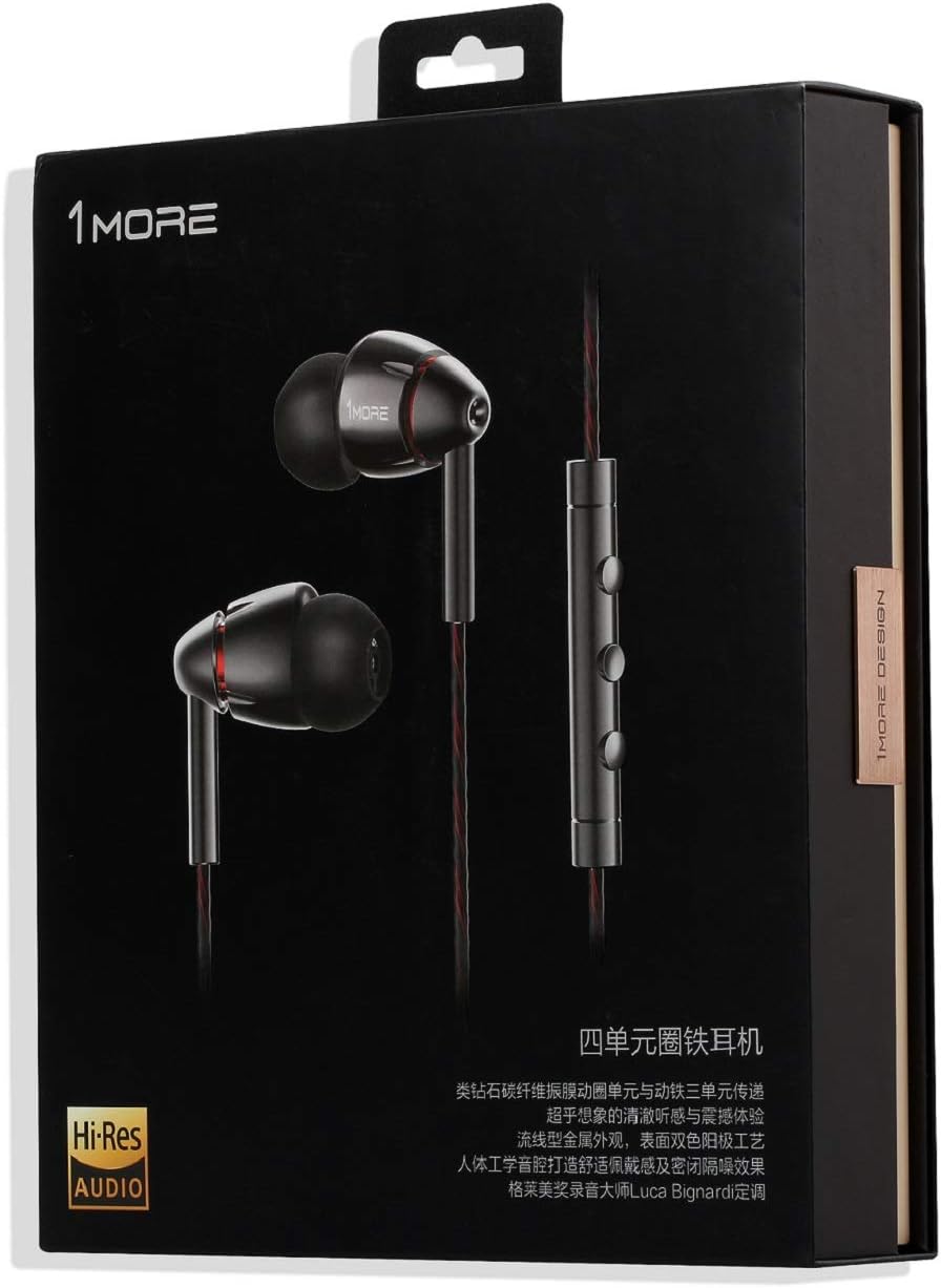 1MORE Quad Driver in-Ear Earphones Hi-Res High Fidelity Headphones Warm Bass, Spacious Reproduction, High Resolution, Mic in-Line Remote Smartphones/PC/Tablet – Silver/Gray