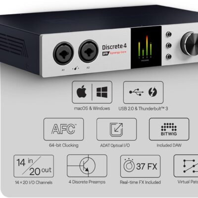 Antelope Audio Discrete 4 Pro Synergy Core Desktop 14×20 Audio Interface – Thunderbolt 3 & USB 2.0 4 Channel Microphone Preamp Recording, Streaming Studio Audio Interface w/Onboard Real-Time Effects