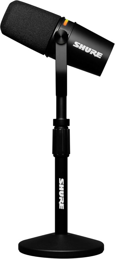 Shure MV7+ Podcast Dynamic Microphone with Stand – OBS Certified, Enhanced Audio, LED Panel, USB-C & XLR Outputs, Auto Level Mode, Digital Pop Filter – for Podcasting, Streaming, and Recording, Black