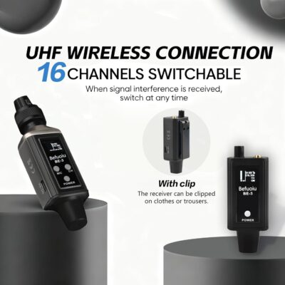 UHF Wireless In Ear Monitor System Metal, Professional Wireless IEM System, 16 Adjustable Channel, Portable Rechargeable Transmitter and bodypack Receiver for Studio, Band Rehearsal, Live Performance
