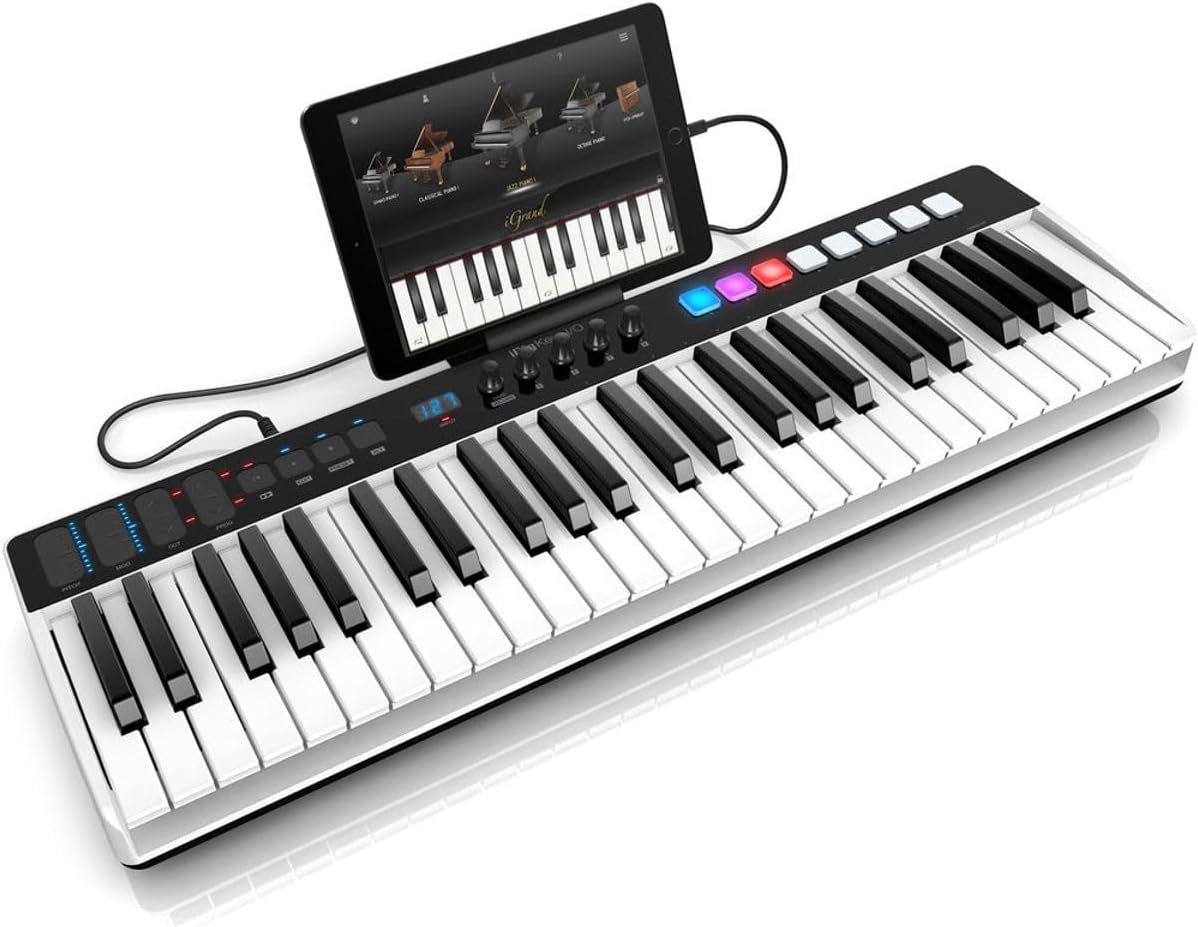 IK Multimedia iRig Keys I/O 49 portable keyboard MIDI controller 24-bit/ 96Khz audio interface full-size synth velocity-sensitive, 48V phantom power, XLR mic preamp, iPhone, iPad, Android, Mac, PC