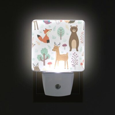Plug-In Night Light Forest Cute Animals Printed LED Nightlight, Dusk-To-Dawn Sensor, Bedroom, Bathroom, Kitchen, Hallway, Stairs, Energy Efficient, 2-pack, 0.5W