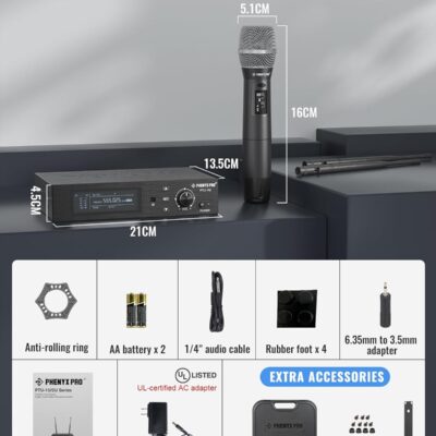 Phenyx Pro True Diversity Wireless Microphone System w/ 1000 Tunable Channels, Single Cordless Mic Set w/Auto Scan, UHF Professional Dynamic Microphone for Singing, Stage & Studio (PTU-1U)
