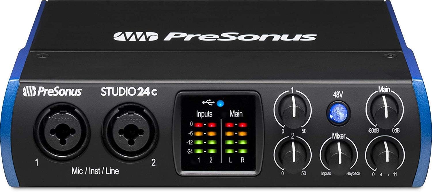 PreSonus Studio 24c 2×2 USB Audio/MIDI Interface with with Studio One Artist Software Pack and Lyxpro Condenser Microphone Kit