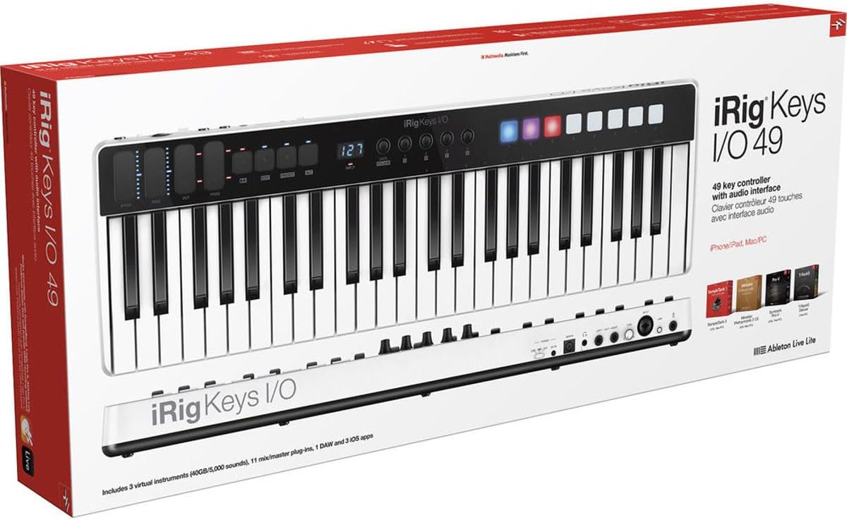 IK Multimedia iRig Keys I/O 49 portable keyboard MIDI controller 24-bit/ 96Khz audio interface full-size synth velocity-sensitive, 48V phantom power, XLR mic preamp, iPhone, iPad, Android, Mac, PC