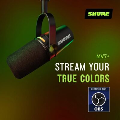 Shure MV7+ Podcast Dynamic Microphone – OBS Certified, Enhanced Audio, LED Panel, USB-C & XLR Outputs, Auto Level Mode, Digital Pop Filter, Reverb Effects – for Podcasting, Streaming, Recording, Black