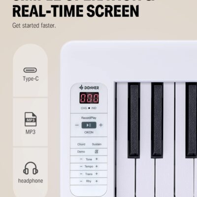 Donner 61-Key Folding Bluetooth Keyboard Piano for Beginners, Portable Piano Keyboard with Music Rest, Bag, Pedal, and App – White