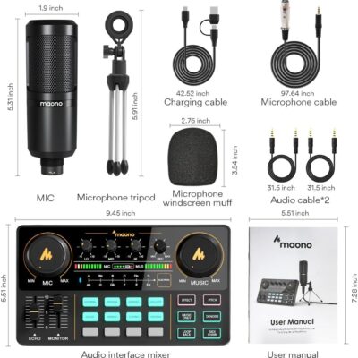MAONO Podcast Equipment Bundle Audio mixer All-in-One Podcast Production Studio with 3.5mm Microphone for Live Streaming, Recording, PC, Smartphone, DJ MaonoCaster Lite (AU-AM200-S1)