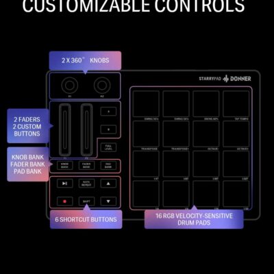 Donner MIDI Pad Beat Maker Machine Professional, Drum Machine with 16 Beat Pads, 2 Assignable Fader & Knobs and Music Production Software, USB MIDI Controller with 40 Courses, STARRYPAD