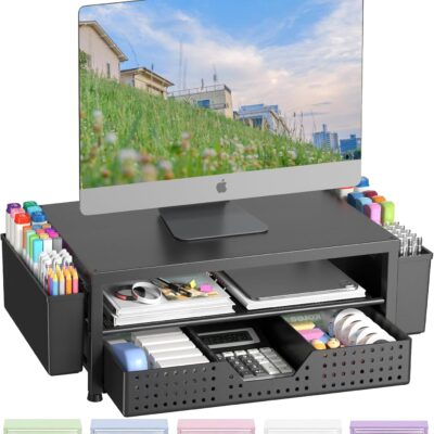 OPNICE Desk Organizers and Accessories, Computer Monitor Stand Riser with Drawer and 2 Pen Holders, Laptop Stand, Office Desk Accessories & Workspace Organizers for Home Office Supplies, Office Book Rack, Black