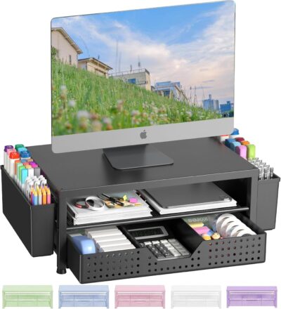 OPNICE Desk Organizers and Accessories, Computer Monitor Stand Riser with Drawer and 2 Pen Holders, Laptop Stand, Office Desk Accessories & Workspace Organizers for Home Office Supplies, Office Book Rack, Black