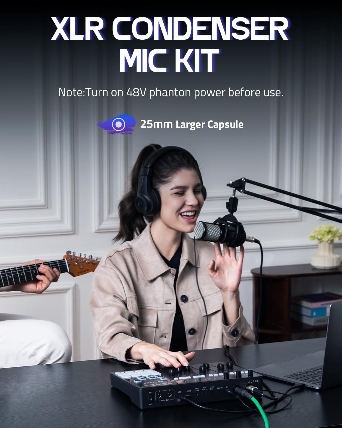 ALABS Fxcaster Podcast Equipment Bundle – All-in-One Podcasting Starter Setup with 7-Channel Soundboard, Audio Interface, and 25mm Diaphragm XLR Microphone for Live Streaming, Recording, and TikTok