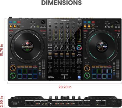 Pioneer DJ DDJ-FLX10 4-Channel Professional DJ Controller – Black Bundle with Laptop Stand, Headphones, and Austin Bazaar Polishing Cloth