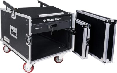 Sound Town High-Quality 1/2 (12mm) Plywood 8U PA DJ Pro Audio Rack/Road ATA Case with 11U Slant Mixer Top, Locking Drawer, 20.2 Rackable Depth and Casters (STMR-8D2)