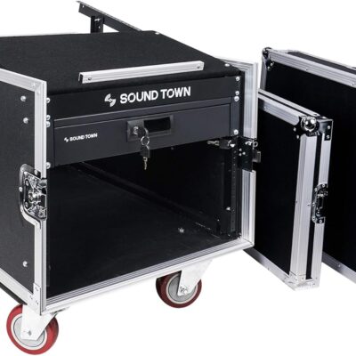 Sound Town High-Quality 1/2 (12mm) Plywood 8U PA DJ Pro Audio Rack/Road ATA Case with 11U Slant Mixer Top, Locking Drawer, 20.2 Rackable Depth and Casters (STMR-8D2)