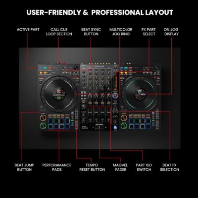 Pioneer DJ DDJ-FLX10 4-Channel Professional DJ Controller – Black Bundle with Laptop Stand, Headphones, and Austin Bazaar Polishing Cloth