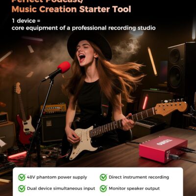 TISINO Audio Interface 24Bit/192kHz, USB Audio Interface for Recording, Songwriting, Streaming and Podcasting, Plug & Play Studio Interface with 48V Phantom Power, PC/Mac/iOS Compatible,RED