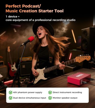 TISINO Audio Interface 24Bit/192kHz, USB Audio Interface for Recording, Songwriting, Streaming and Podcasting, Plug & Play Studio Interface with 48V Phantom Power, PC/Mac/iOS Compatible,RED