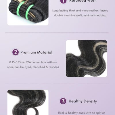 Platinum Blonde Highlight Black Mix Color Body Wave Human Hair, 100% Brazilian Thick Track Bundles #F1B/613 Ombre Skunk Stripe Balayage Colored Single Bundles Quick Weave Remy 12 In