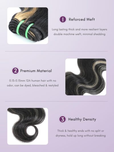 Platinum Blonde Highlight Black Mix Color Body Wave Human Hair, 100% Brazilian Thick Track Bundles #F1B/613 Ombre Skunk Stripe Balayage Colored Single Bundles Quick Weave Remy 12 In