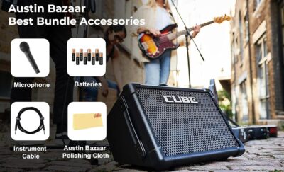 Roland Cube Street EX 4-Channel 50-Watt Battery-Powered Amplifier Bundle with Microphone, Instrument Cable, Batteries, and Austin Bazaar Polishing Cloth