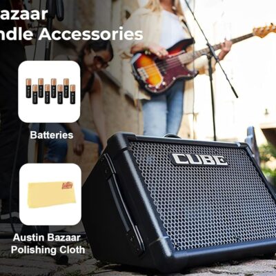Roland Cube Street EX 4-Channel 50-Watt Battery-Powered Amplifier Bundle with Microphone, Instrument Cable, Batteries, and Austin Bazaar Polishing Cloth