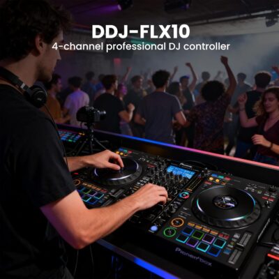 Pioneer DJ DDJ-FLX10 4-Channel Professional DJ Controller – Black Bundle with Laptop Stand, Headphones, and Austin Bazaar Polishing Cloth