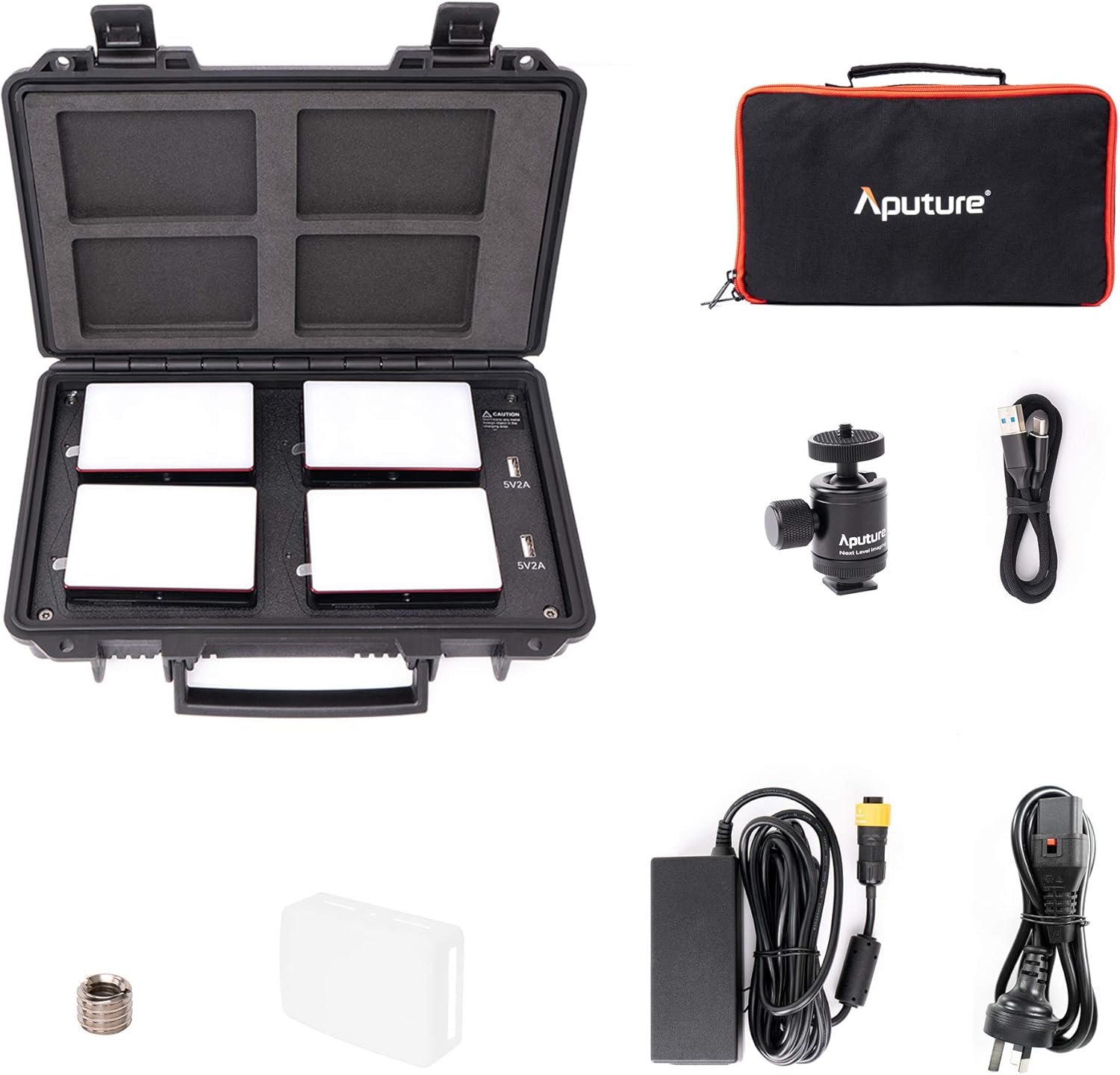 Aputure MC 4-Light Travel Kit, 4 MC RGBWW LED On Camera Lights with Wireless Charge Case CRI/TLCI 96+, Temperature 3200K-6500K, HSI Mode,Support Magnetic Attraction