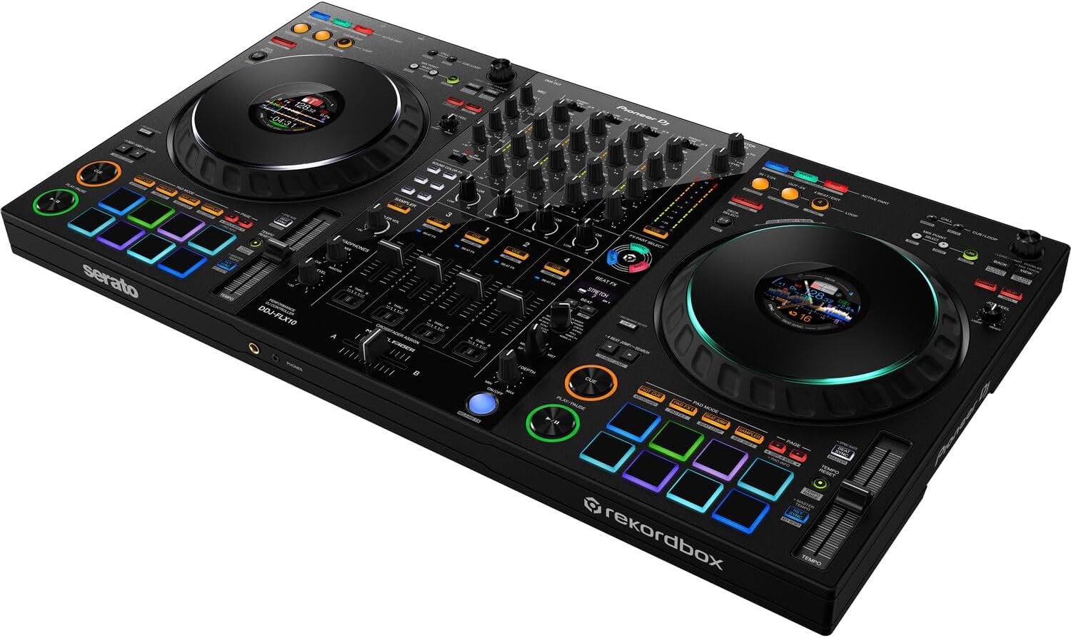 Pioneer DDJ-FLX10 4-deck DJ Controller with StreamEye Cans50 Professional DJ Headphones and LPT5000 Laptop Stand