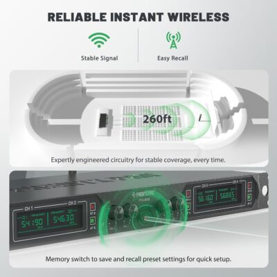 714a55Xq8zL. AC SL1500 Phenyx Pro Wireless Microphone System, 4-Channel UHF Wireless Mic, Fixed Frequency Metal Cordless Mic with 4 Handheld Dynamic Microphones, 260ft Range, Mics for Singing, Church(PTU-5000-4H)