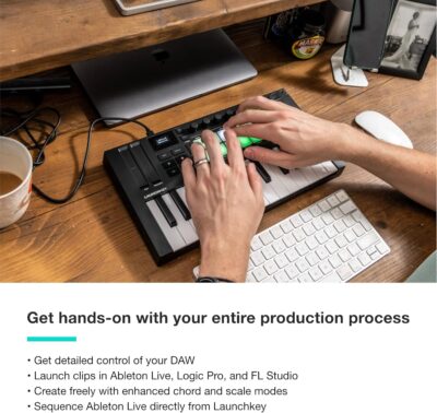 Novation Launchkey Mini 25 MK4 — Portable 25 Mini-Key, USB, MIDI Keyboard Controller with DAW Integration. Chord Mode, Scale Mode, Drum Pads, and Arpeggiator. Includes Music Creation Software Bundle