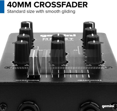 715hVmj78lL. AC SL1300 Gemini Portable Bluetooth DJ Mixer – 2-Channel Mini Audio Mixer with Wireless Input, RCA, Mic & Headphone Jacks, EQ & Crossfader – Compact DJ Mixer Board for Beginners & Mobile DJs (MM1BT)