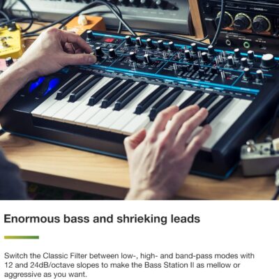 Novation Bass Station II Analog Monosynth – includes 64 factory patches, pattern-based step sequencer and arpeggiator, two oscillators plus an additional sub oscillator