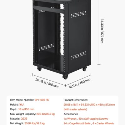 VEVOR 16U AV Rack, Recording Studio Rack Cabinet, Open Frame Server Rack with Locking Caster Wheels, Removable Side Panels & Vent Design for 19 Network, Audio, Video, IT & Network Equipment Mounting