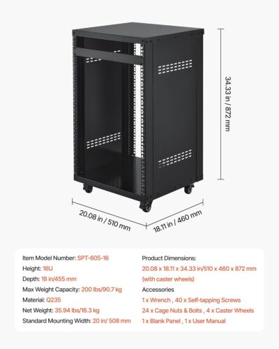 VEVOR 16U AV Rack, Recording Studio Rack Cabinet, Open Frame Server Rack with Locking Caster Wheels, Removable Side Panels & Vent Design for 19 Network, Audio, Video, IT & Network Equipment Mounting