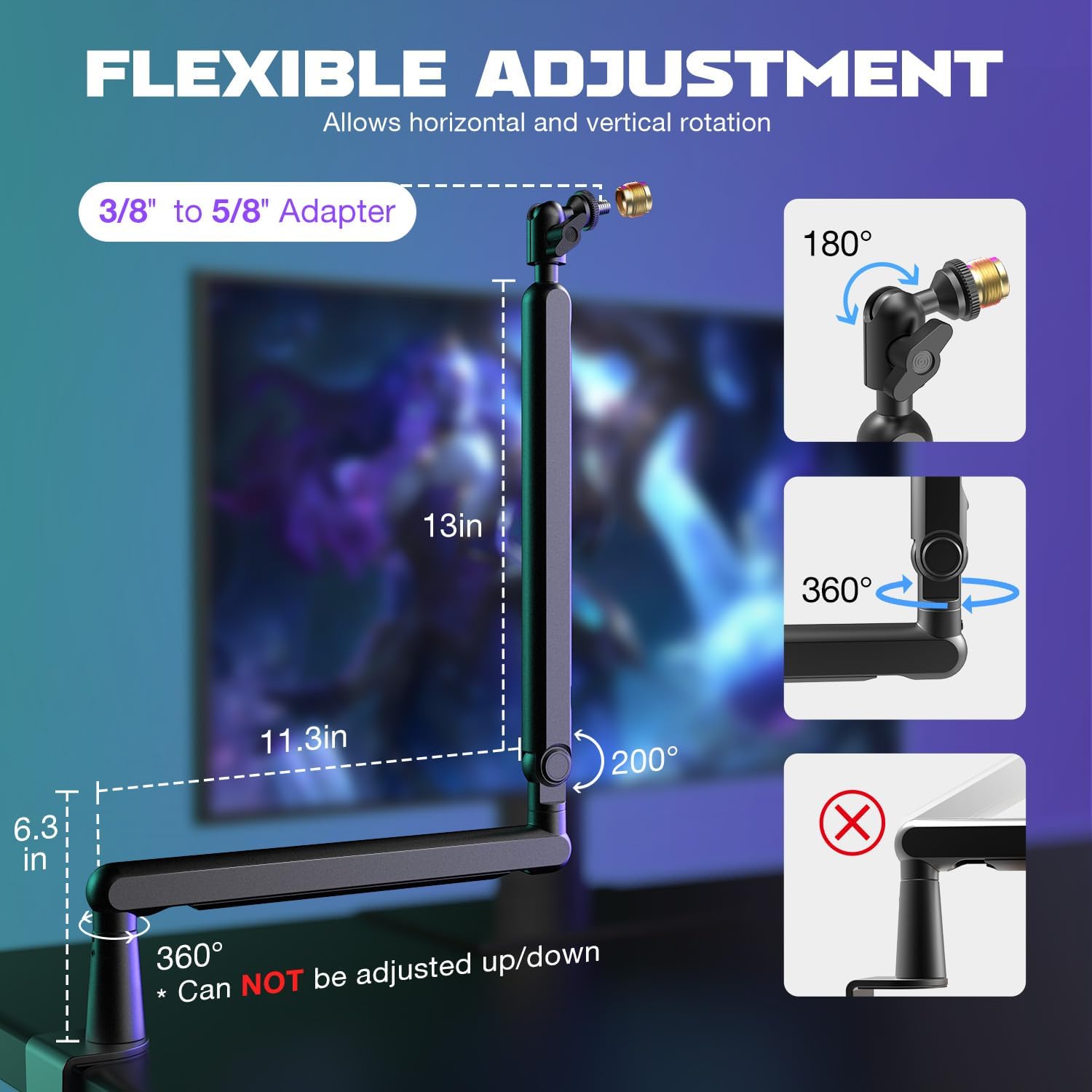 FIFINE Microphone Boom Arm, Low Profile Adjustable Stick Microphone Arm Stand with Desk Mount Clamp, Screw Adapter, Cable Management, for Podcast Streaming Gaming Studio-BM88